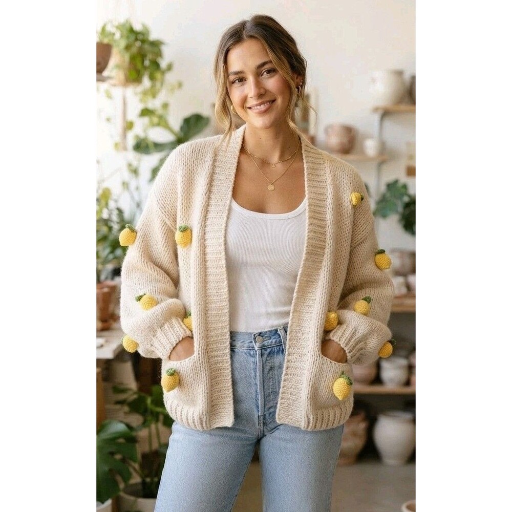 Anthropologie Maeve Open Cardigan The Susannah 3D Lemon  Sweater Cream One Size